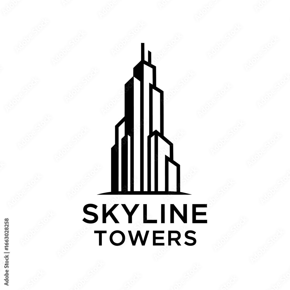 Fototapeta premium Minimalist black and white logo of a skyscraper. Represents modern architecture.