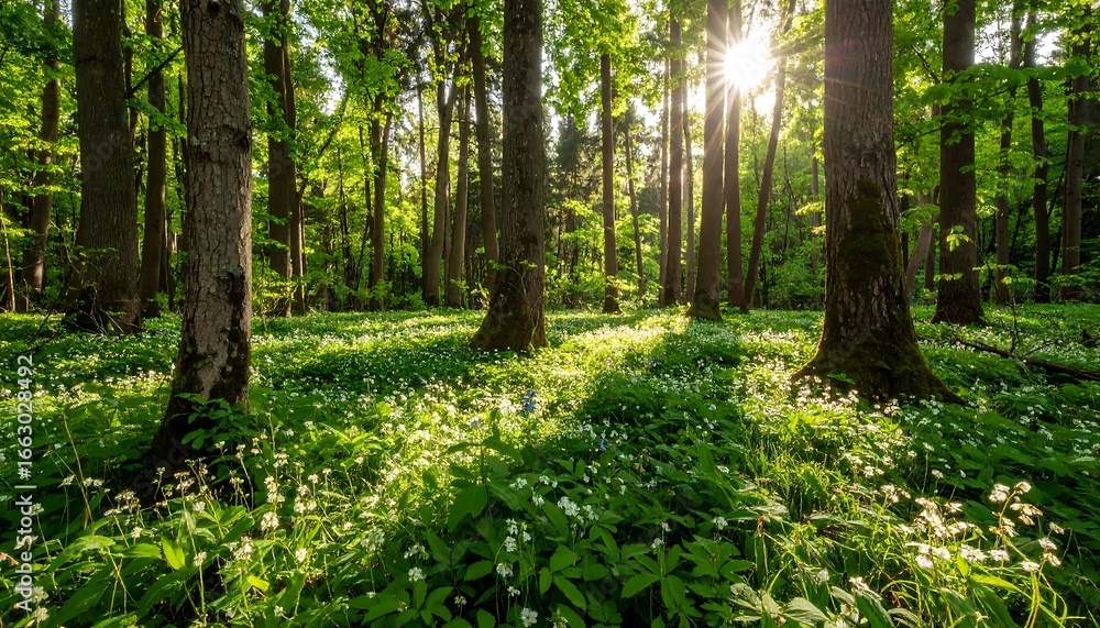 Fototapeta premium Sunlight streams through a forest floor carpeted with wildflowers