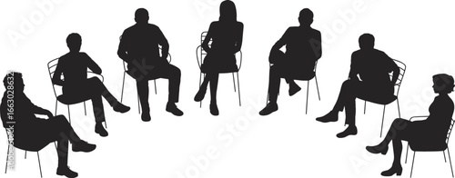 Silhouette of group therapy session, people sitting in circle, mental health support, counseling, group discussion, community, teamwork, emotional support, therapy meeting, social interaction