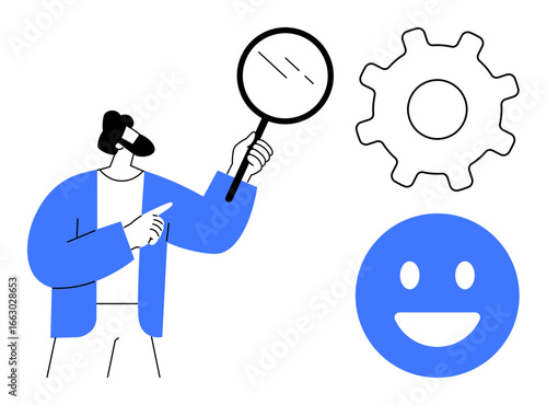 Man with magnifying glass examines elements gear symbol conveys process, happy face adds positivity. Ideal for analysis, research, productivity, user experience, workflow, teamwork, simple landing