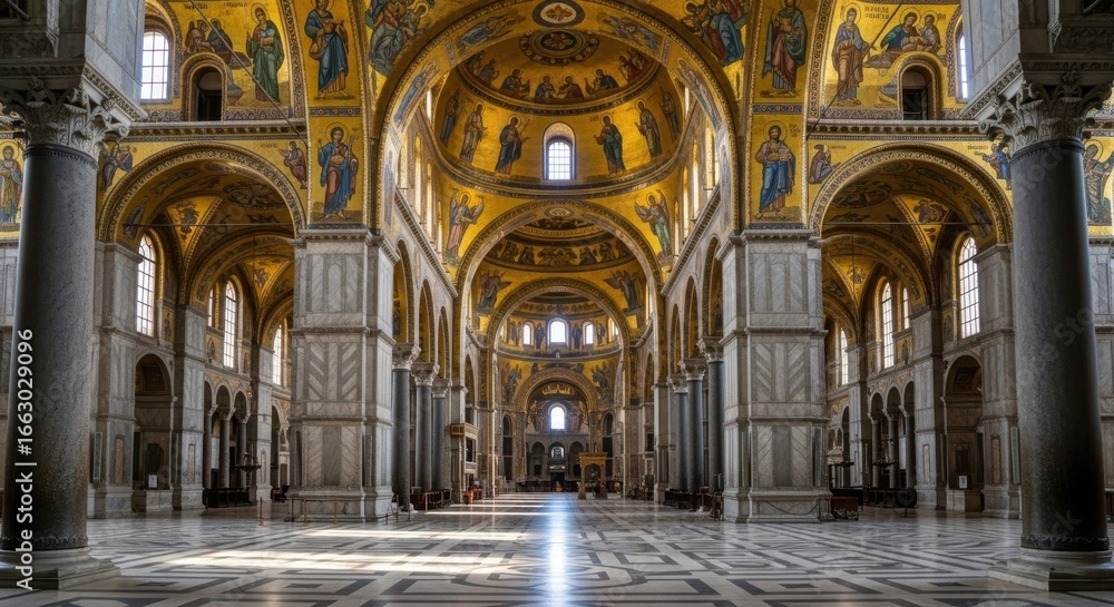 Fototapeta premium Interior view of a grand historic cathedral with ornate golden mosaics and marble floors