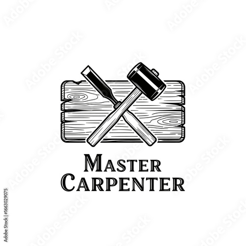 A logo featuring crossed carpentry tools on wood.