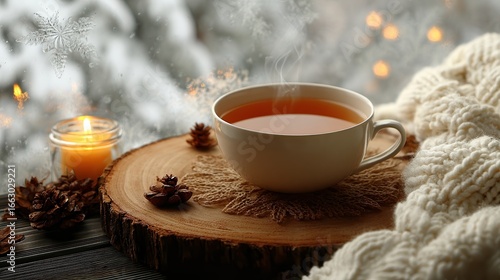 Wallpaper Mural A cozy scene featuring a steaming cup of tea on a wooden slice, surrounded by pine cones and a glowing candle, evokes warmth and comfort, perfect for winter-themed articles or relaxation promotions, Torontodigital.ca