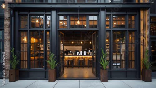 Modern restaurant facade at dusk welcoming patrons with warm interior ambiance and elegant glass doors