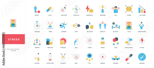 Collection of flat style icons visualizing stress, anxiety, pressure, mental health, work overload, emotional struggle, and related symptoms isolated vector illustration