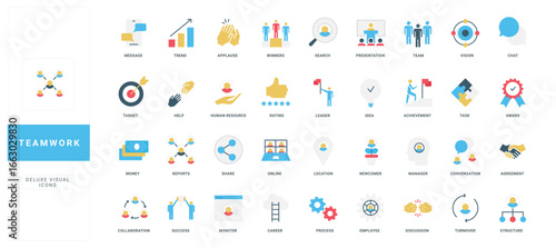 Flat style teamwork and business icons set with titles covering communication, leadership, collaboration, achievement, and workflow concepts isolated vector illustration
