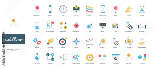 Collection of flat style time management icons showing productivity, planning, business, deadlines, and organization concepts for workflow and efficiency isolated vector illustration