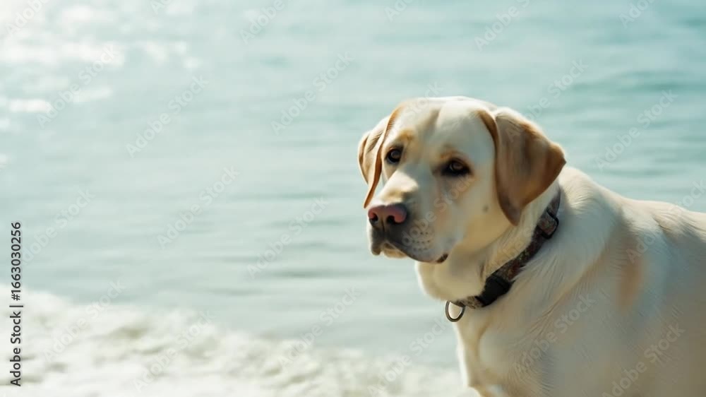 Yellow labrador dog standing by the ocean on a sunny day Yellow labrador dog standing by the ocean on a sunny day