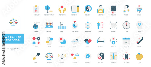 Modern flat style icons representing work life balance, productivity, wellness, time management, and healthy lifestyle concepts, perfect for visualizing balanced living isolated vector illustration