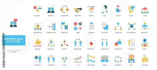 Flat style workplace culture icons with labeled titles showing teamwork, communication, recognition, workflow, and business concepts for modern office environments isolated vector illustration