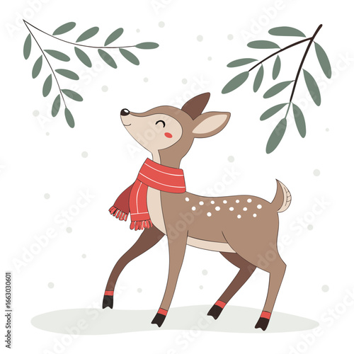 Baby deer in red scarf and green socks walking in snow and enjoying snowfall, suitable for festive wildlife winter themes and seasonal greeting card designs for Christmas holidays