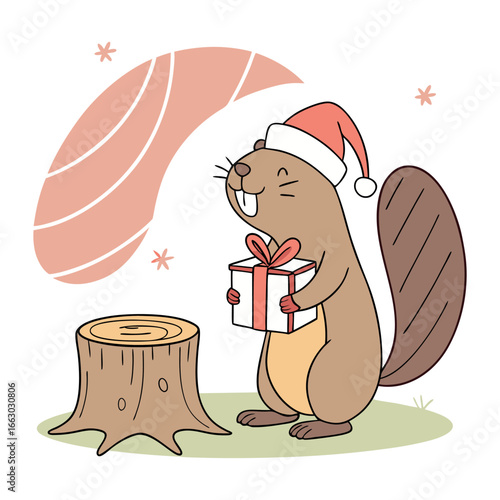 Cartoon beaver in santa hat holding christmas gift next to tree stump with stars and abstract shapes, suitable for holiday greeting cards and winter festive vector designs
