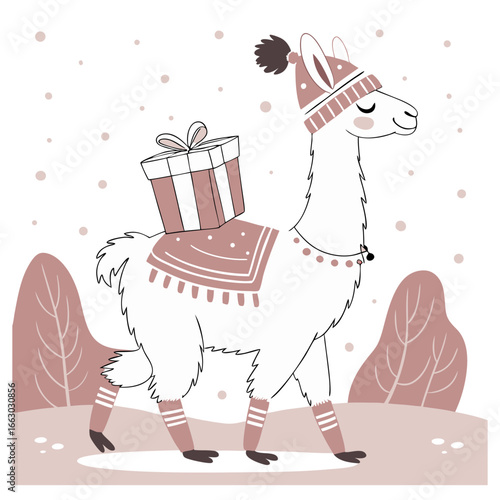 Festive llama in winter hat and striped leg warmers carrying christmas gift on saddle blanket, suitable for winter holiday greeting cards or seasonal celebration designs.