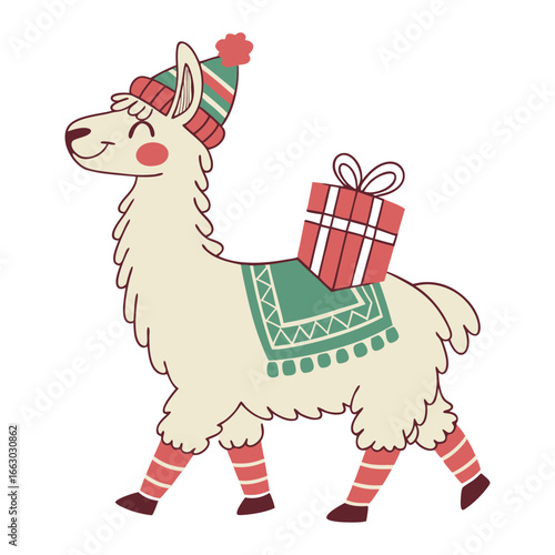 Festive llama in winter hat and striped leg warmers carrying christmas gift on saddle blanket, suitable for winter holiday greeting cards or seasonal celebration designs.