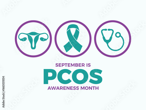 September is Polycystic Ovary Syndrome (PCOS) Awareness Month poster vector illustration. Teal awareness ribbon, uterus, stethoscope icon set. Template for background, banner, card. Important day