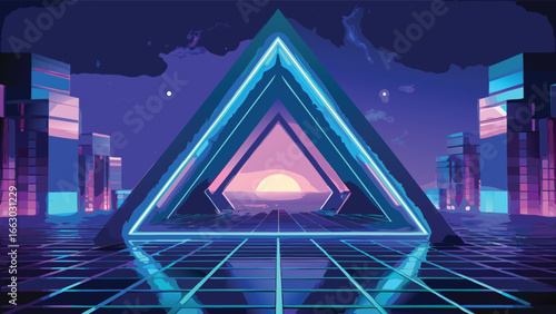 Futuristic triangle portal frame neon glowing edg.