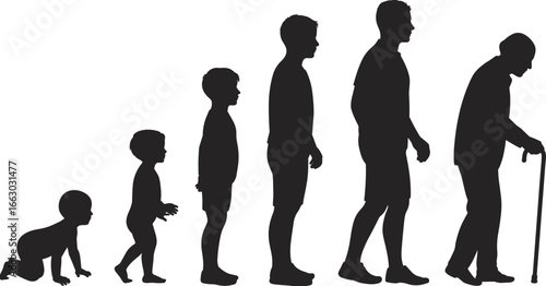 Silhouette of human life stages from crawling baby to elderly man with cane, aging process, growth, development, family, life cycle, health, time, journey, evolution, maturity