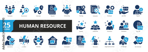 Set of Glyph Color Style Human Resource icon. A collection of icons suitable for web and mobile application. Including Teamwork, Recruitment, Interview, Resume, Onboarding, Training, and more.