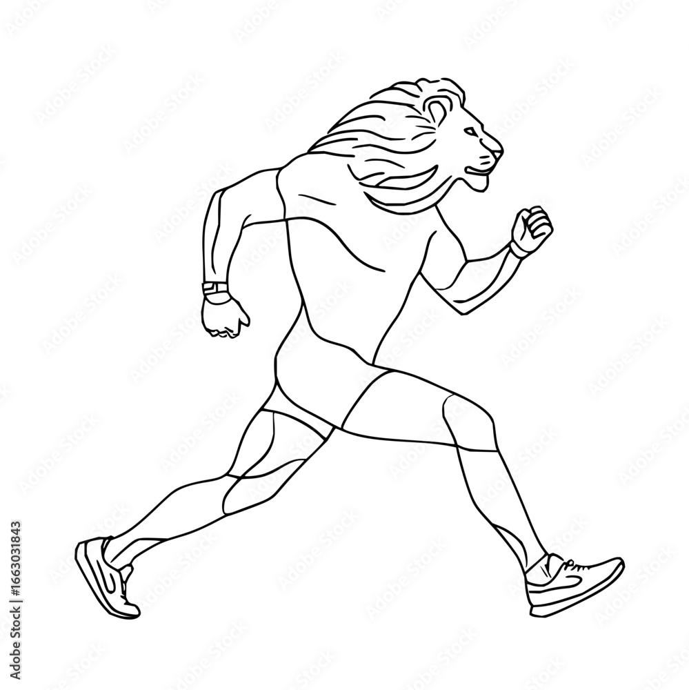 Fototapeta premium Lion man runner athlete sprinting fast outline drawing illustration for sports fitness and competition themes