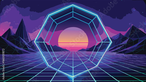Futuristic polygon frame neon hologram style sci.