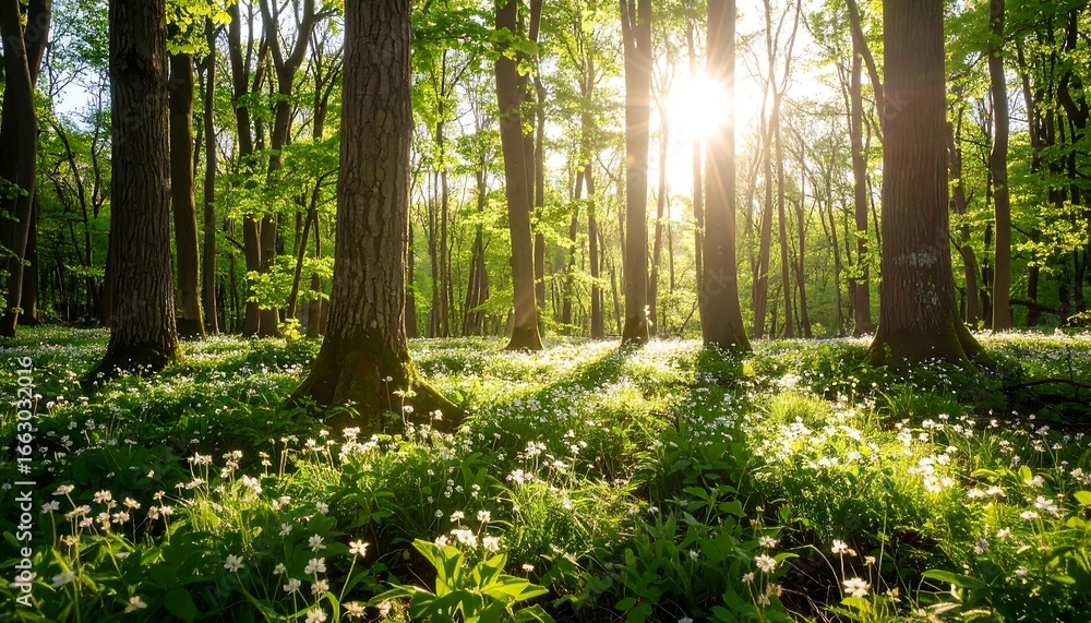 Obraz premium Sunlight streams through a lush forest floor blanketed in white wildflowers