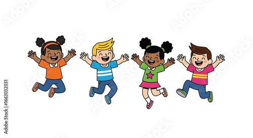Four diverse cartoon children jumping with joy on a white background kids multicultural