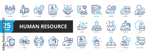 Set of Outline Color Style Human Resource icon. A collection of icons suitable for web and mobile application. Including Teamwork, Recruitment, Interview, Resume, Onboarding, Training, and more.