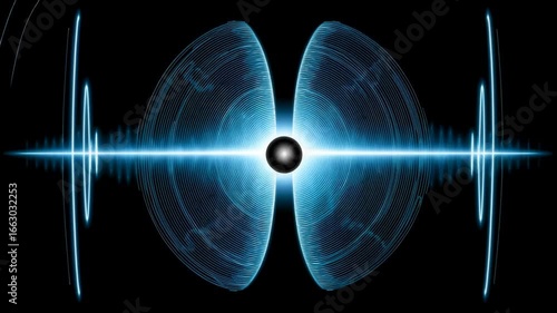 Glowing blue wave interference patterns radiate symmetrically around a central black sphere on a dark background.