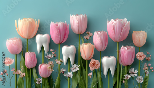 Pink tulips and white teeth arranged playfully on teal background. This unique springtime floral design celebrates dental health awareness, featuring fresh plants and a bright, clean aesthetic.