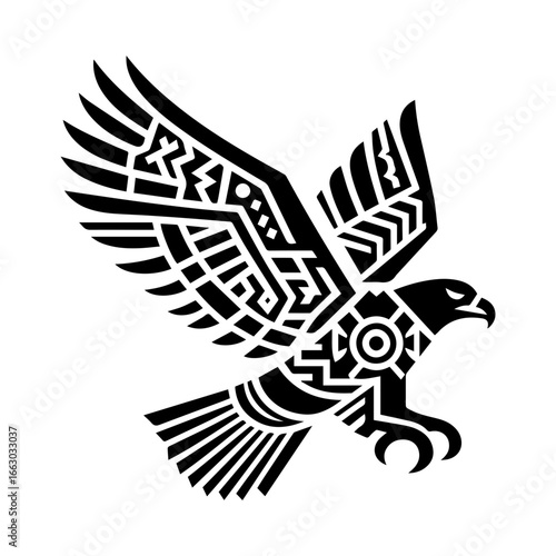 minimalist black aztec totem eagle bird or Mayan and Inca tribal symbol vector flat design.
