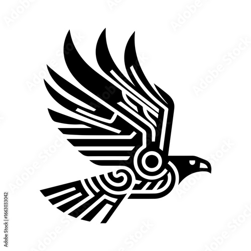 minimalist black aztec totem eagle bird or Mayan and Inca tribal symbol vector flat design.