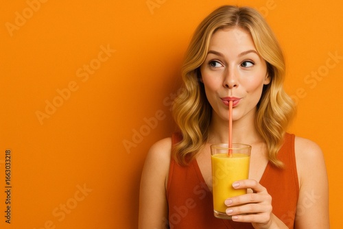 Blonde woman sipping orange juice through a straw wearing an orange sleeveless top against an orange background