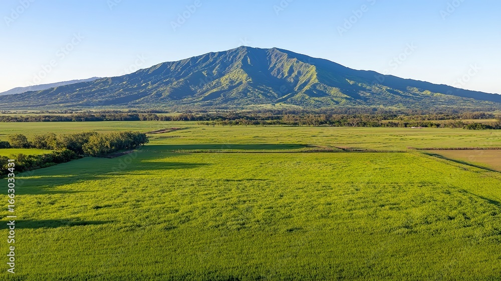Obraz premium A breathtaking view of lush green fields with a majestic mountain backdrop, ideal for nature-themed projects, travel articles, or agricultural promotions, Perfect for evoking tranquility and beauty,