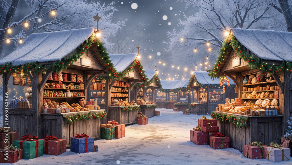 Obraz premium Christmas Market Stalls with Festive Decorations