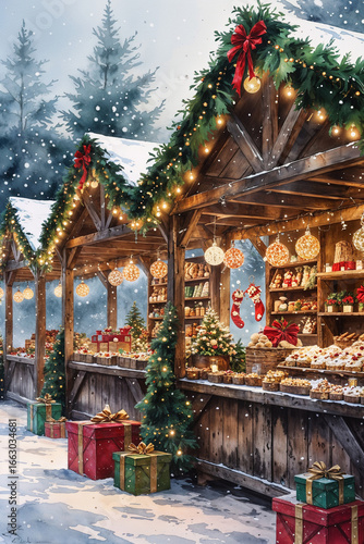 Christmas Market Stalls with Festive Decorations