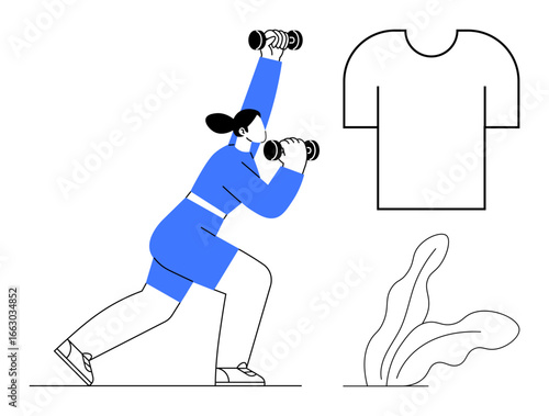 Woman lifting dumbbells in a lunge pose, shirt outline, minimalistic plant nearby. Ideal for fitness, exercise, health, apparel, lifestyle, motivational and minimalism in simple flat metaphor