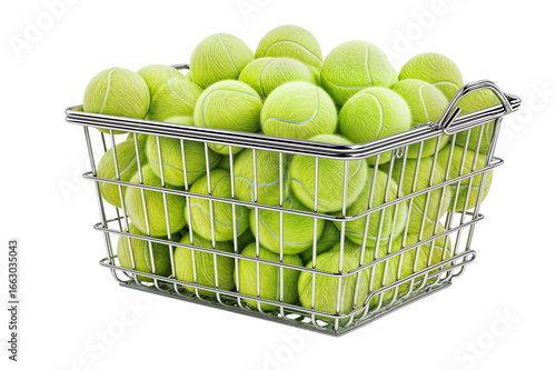 Basket full of tennis balls for sports training and recreational play in metal wire container setting on transparent background