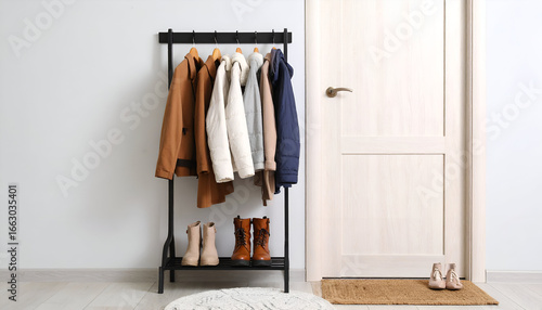 A black metal coat rack stands near a white door, holding coats and boots, with a doormat and shoes on the floor.