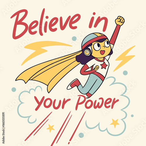 Dynamic cartoon superhero girl mascot in a triumphant upward flight pose exuding power and a sense of adventure perfect for branding and heroic themes