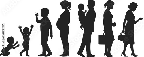 Silhouettes of family life stages, baby crawling, toddler walking, child waving, pregnant woman, man holding baby, woman walking, diverse family growth concep