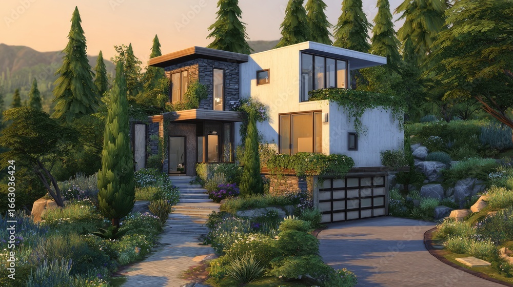 Fototapeta premium Modern mountain home with lush landscaping