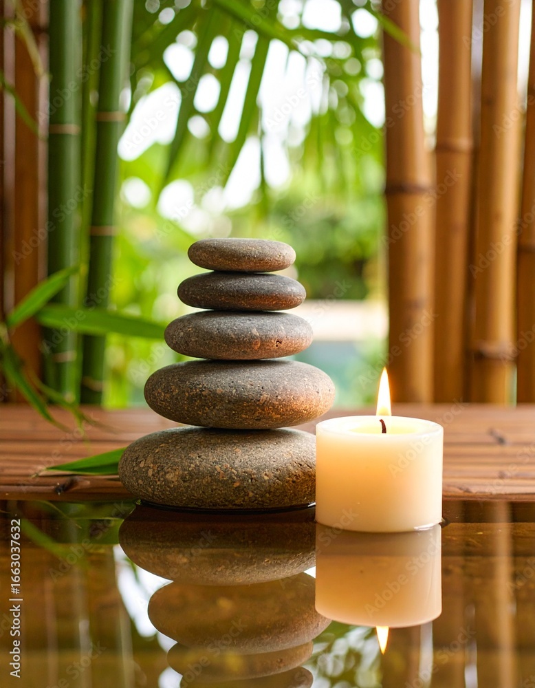 Obraz premium Lifestyle photograph of perfectly balanced smooth river stones and a lit candle, symbolizing inner peace, harmony, and a tranquil zen wellness experience