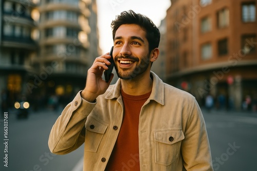 Cheerful bearded man with smartphone enjoying phone call on sunny city street wearing casual jacket and beanie hat