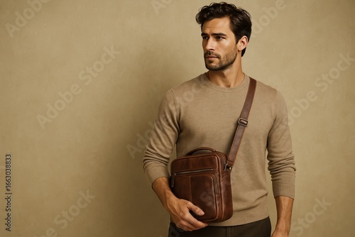 Stylish young man wearing beige sweater and pants with crossbody leather bag, standing against warm neutral background, modern male fashion portrait isolated on transparent background png