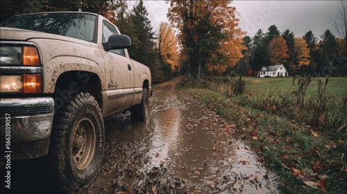 Dusty pickup truck on a muddy country road