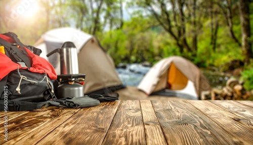 Camping gear on a wooden table overlooking a campsite