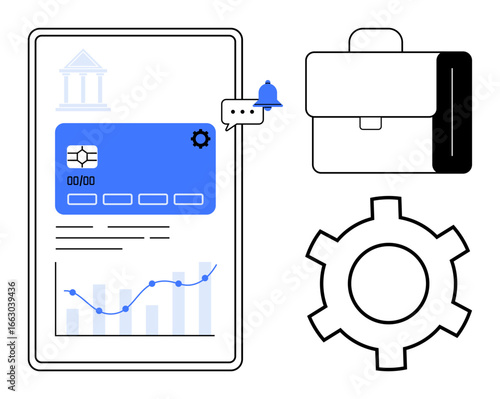 Mobile banking interface showing credit card details, charts, notification, briefcase, and gear. Ideal for fintech, financial analytics, banking app, security management technology simple landing