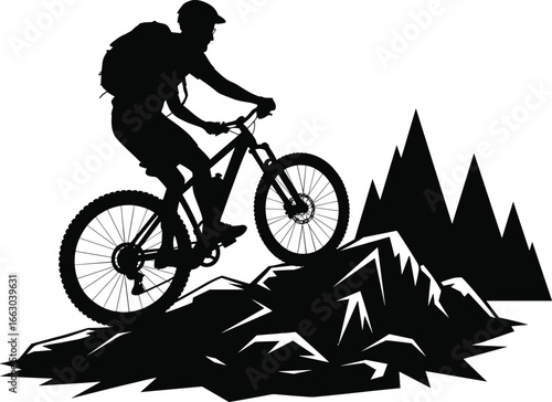 Silhouette of mountain biker climbing rocky trail, cycling adventure, outdoor extreme sports, uphill challenge, nature exploration, active lifestyle, backpack rider