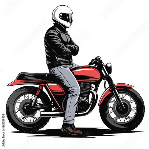A vector illustration of a biker with a bike, showcasing adventure, freedom, and lifestyle. The artwork highlights the bond between the rider and the motorcycle, symbolizing travel, speed