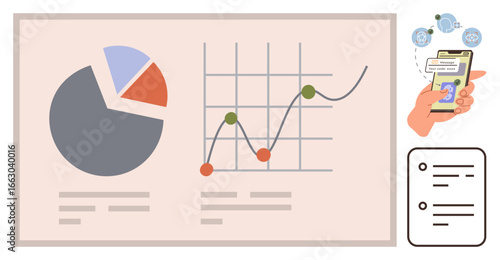 Pie chart, line graph, checklist, and hand holding phone for financial transfer. Ideal for analytics, business planning, productivity, mobile payments, data management finance simple flat metaphor
